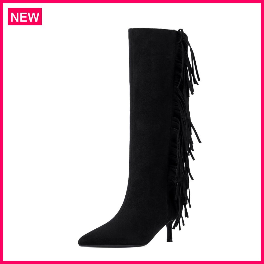 Knee High Boots With Kitten Heels, Pointed Toe, Faux Suede Material